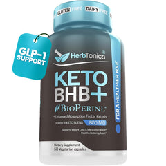 Herbtonics Keto BHB bottle closeup showing convenient capsule packaging for daily use