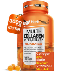 Herbtonics Multi Collagen Gummies bottle showing tropical flavor for daily beauty support.