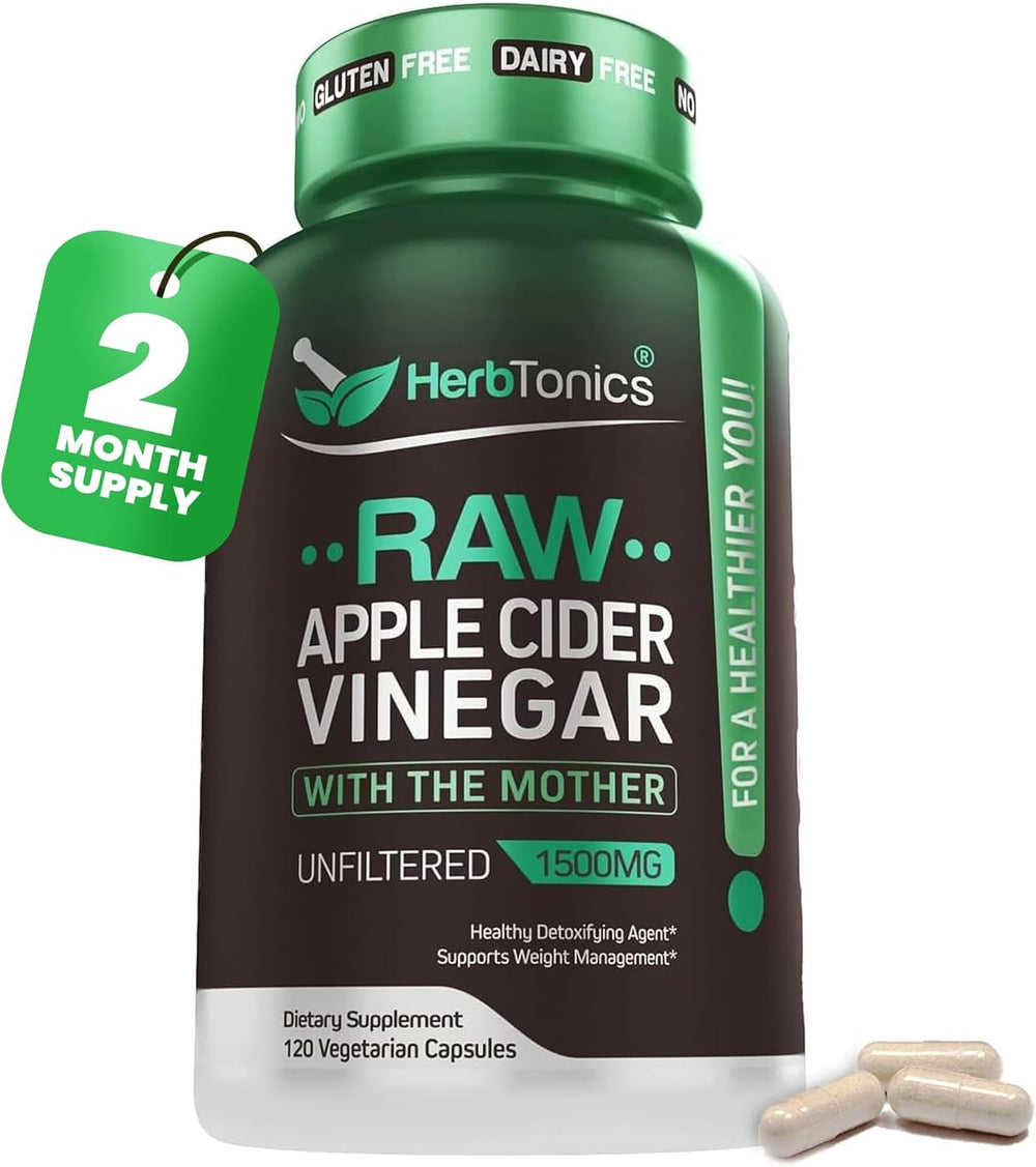 Herbtonics Raw ACV Capsules bottle for convenient daily intake and metabolism support.