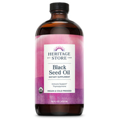 Heritage Store Black Seed Oil bottle close-up, highlighting purity and potential immune support.