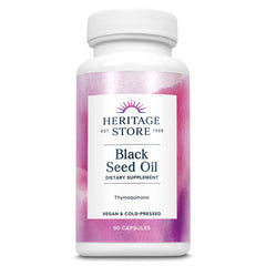 Heritage Store black seed oil capsules bottle front supports immune health and digestion.