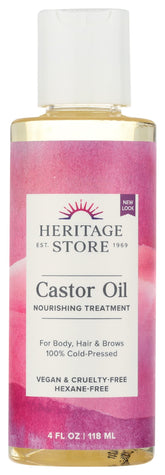 Heritage Store Castor Oil bottle with clear label for scalp care.