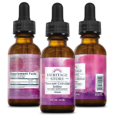 Heritage Store Nascent Iodine Drops Atlantic kelp source highlights natural origin.