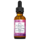 Heritage Store Nascent Iodine Drops bottle showing vegan, bioavailable iodine for daily support.