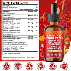Closeup of HevChay Cayenne Drops bottle highlighting liposomal delivery