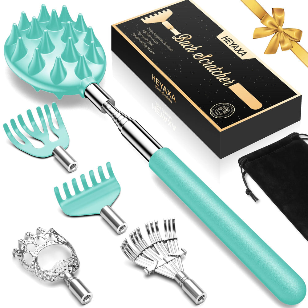 HEYAXA telescoping back scratcher with 5 heads for easy reach and customized relief.