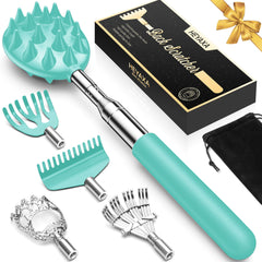HEYAXA back scratcher with five heads and telescoping reach for hard-to-reach spots