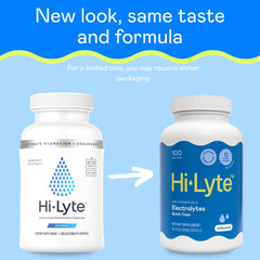 Hi-Lyte electrolyte capsules bottle back label with ingredients and usage.