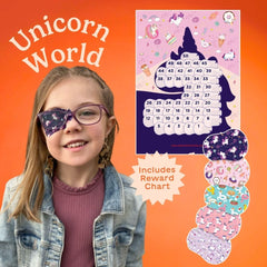 HIDE&SEE Unicorn World eye patch worn on a child's eye during therapy