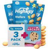 HighKey Vanilla Wafers pack showing gluten-free, low-carb snack option.