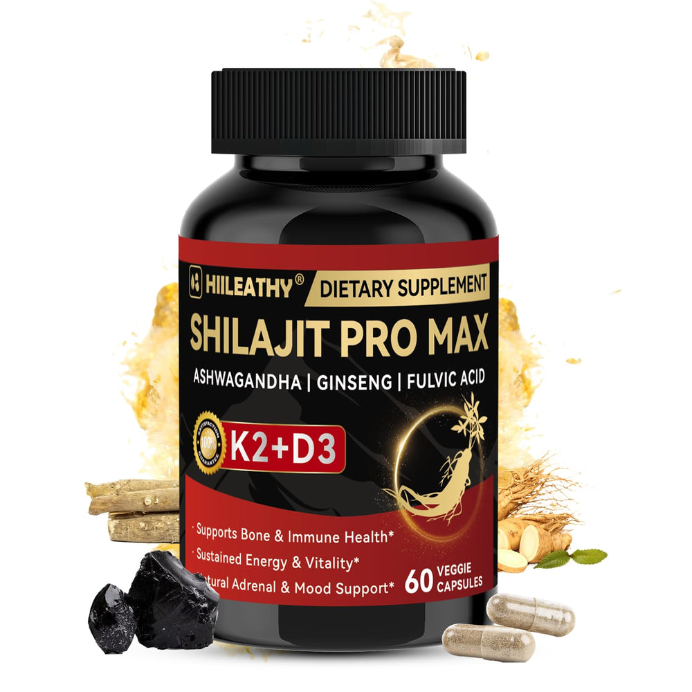 HIILEATHY Shilajit 60-capsules bottle highlights daily energy and balance.