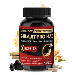 HIILEATHY Shilajit 60-capsules bottle highlights daily energy and balance.