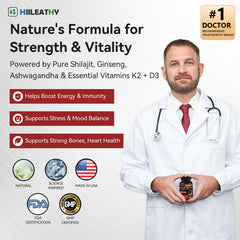 HIILEATHY Shilajit bottle label detail shows D3 and K2 for bone support.