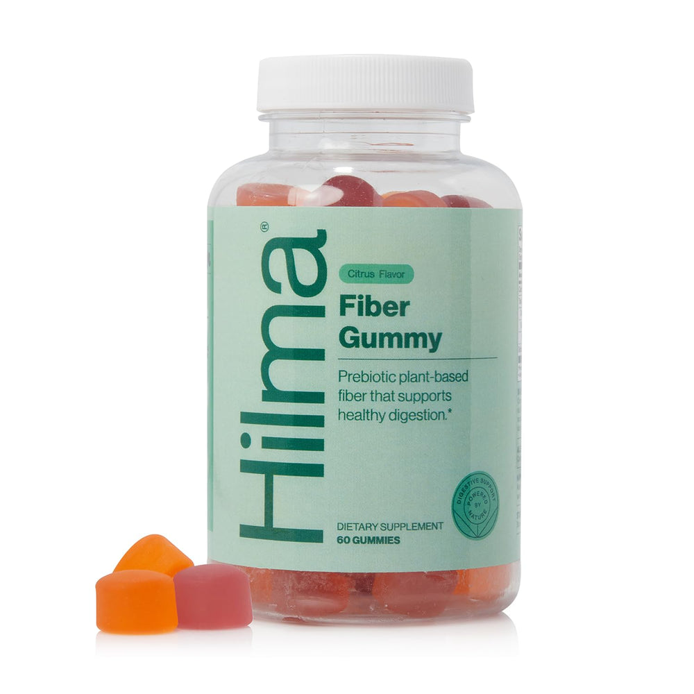 Hilma prebiotic fiber gummies bottle shows citrus flavor for daily gut support.