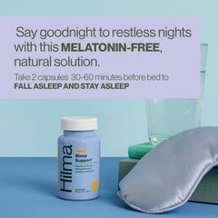 Hilma Sleep Aid label closeup highlights vegan, melatonin-free formula.