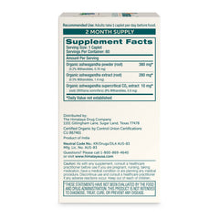 Himalaya Ashwagandha root bottle closeup highlighting organic, non-GMO caplets.