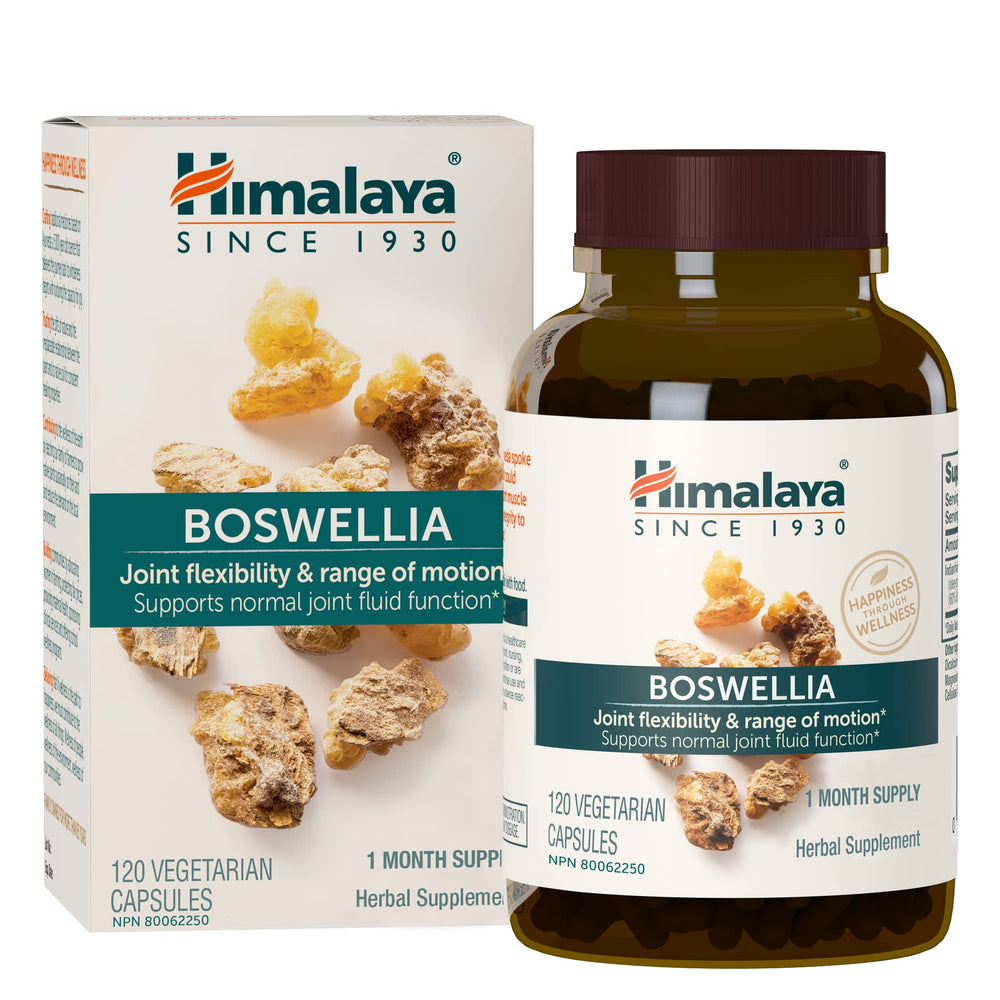 Himalaya Boswellia bottle-pour showing dosage for daily joint support.