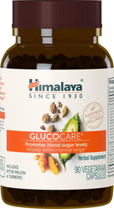 Himalaya GlucoCare bottle close-up highlighting the herbal blend for balanced blood sugar support.