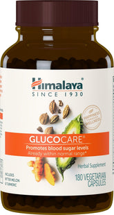 Himalaya GlucoCare bottle front highlighting brand and metabolism support for daily wellness.