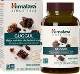 Himalaya Guggul bottle packaging highlights vegan, gluten-free liver support.