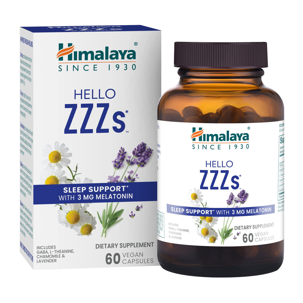 Himalaya Hello ZZZs bottle close-up showing herbal sleep support for nightly rest.