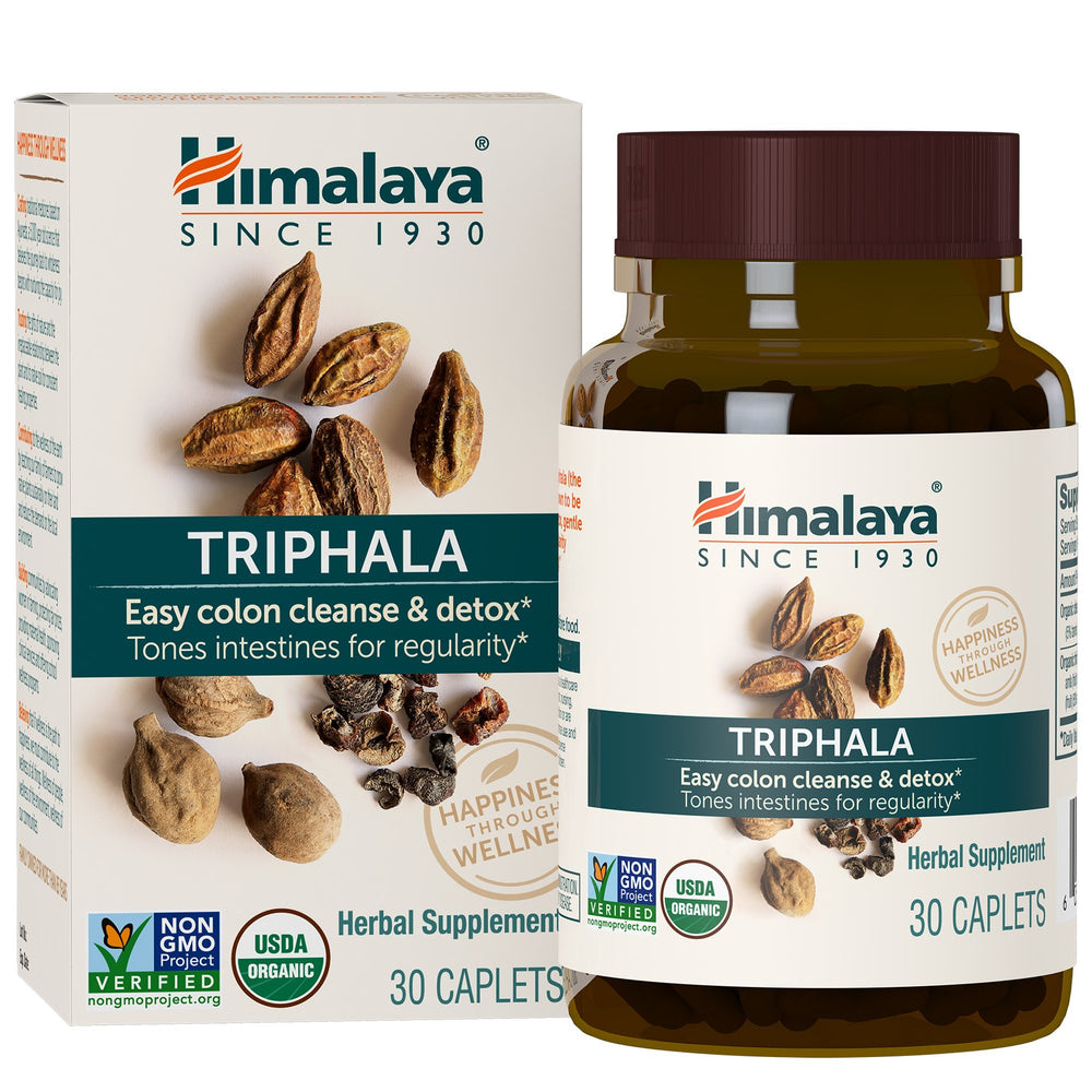 Himalaya Organic Triphala bottle front with organic blend for gentle digestion