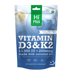 HiPlus D3 plus K2 softgels in coconut oil close up may support calcium absorption.