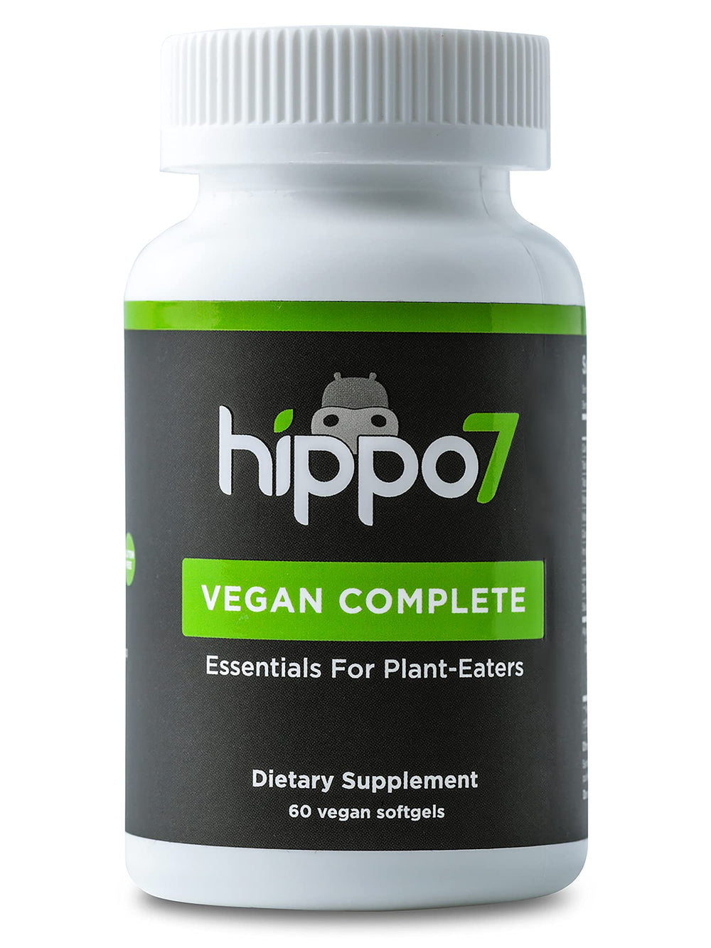 Hippo7 vegan multivitamin bottle label with 60 softgels for daily nutrients