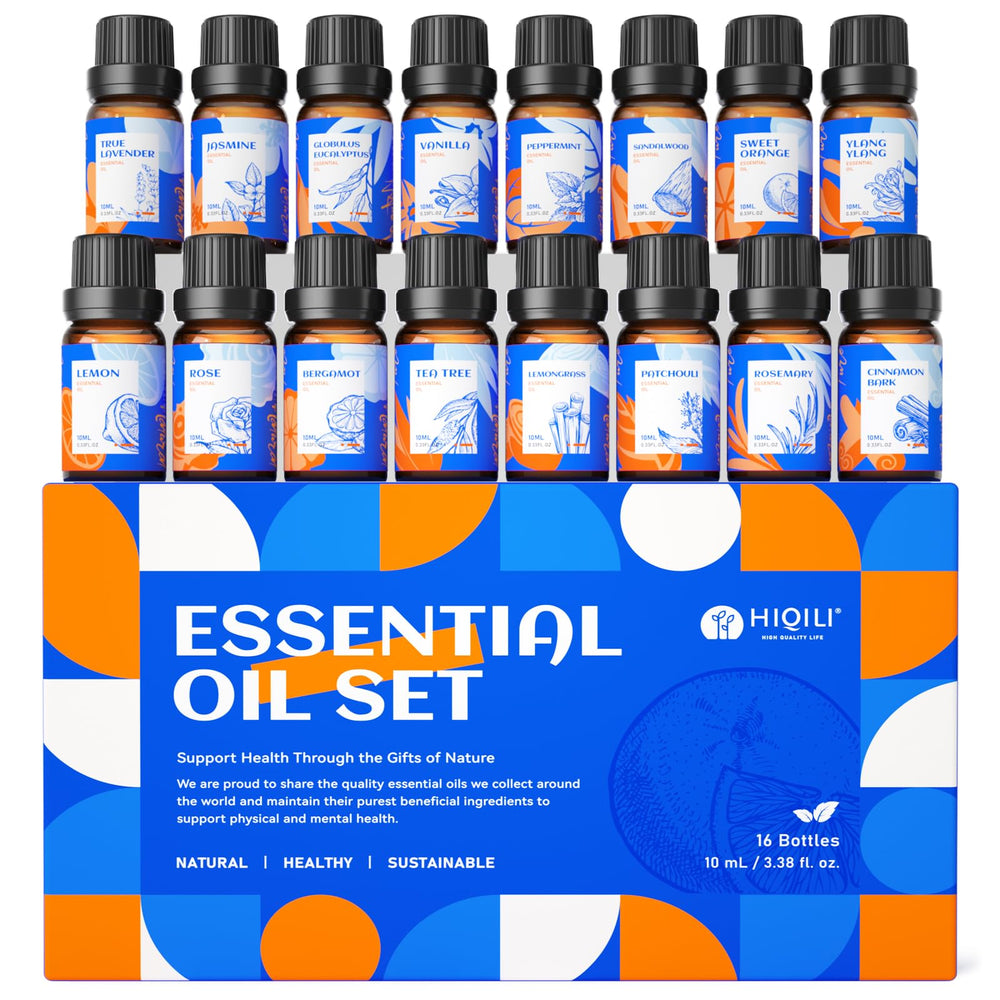 HIQILI essential oils set packaging displayed for gifting and home use.