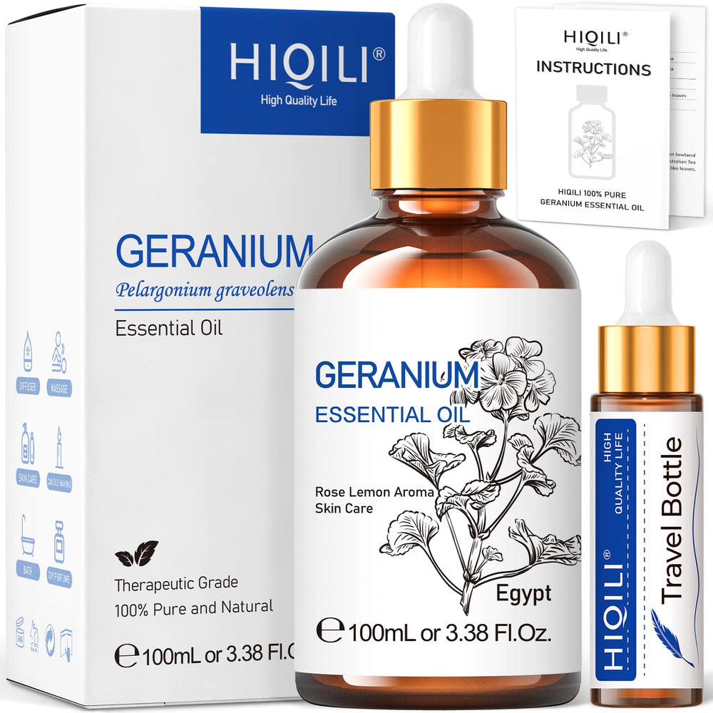 HIQILI geranium essential oil bottle for diffuser use and room fragrance.