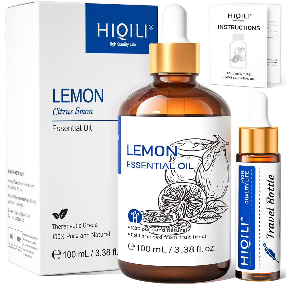 HIQILI Lemon Essential Oil bottle label shows pure aroma for home use.