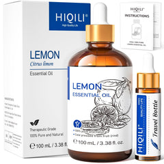 HIQILI Lemon Essential Oil bottle label shows pure aroma for home use.