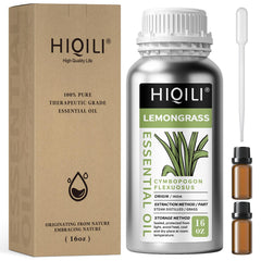 HIQILI lemongrass essential oil bottle with pure citrus-herb aroma.