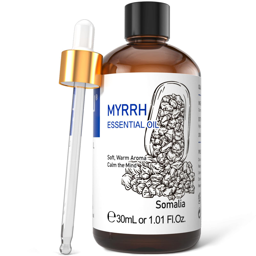 HIQILI Myrrh essential oil bottle in amber glass preserving purity for daily use.