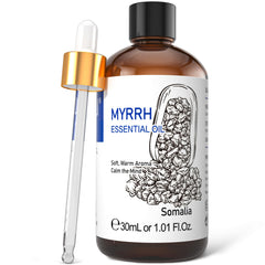 HIQILI Myrrh essential oil bottle in amber glass preserving purity for daily use.