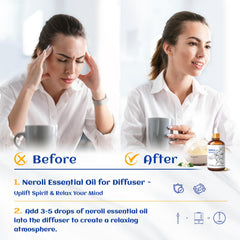 HIQILI Neroli oil in diffuser scene promoting calm aromatherapy in living spaces.
