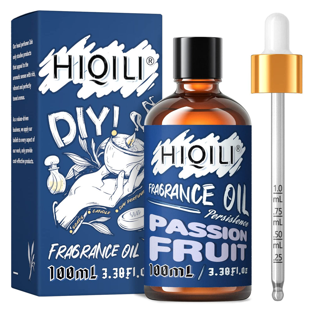 HIQILI passion fruit fragrance oil bottle enhances candles with bright tropical aroma.