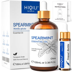 HIQILI Spearmint Oil 100ml bottle shows purity for skin care and diffusion.
