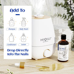 HIQILI Tea Tree Oil with body wash bottle highlighting gentle cleansing and scent