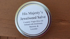 His Majesty's Jewelweed Salve label on packaging for natural skin care
