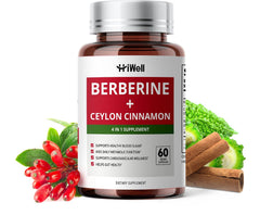 HiWell Berberine with Ceylon Cinnamon bottle, supports vegan gluten-free formula for daily use