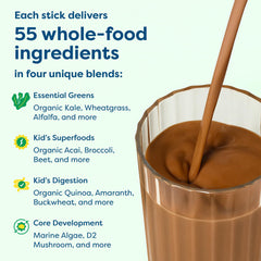 HIYA Kids Greens Powder Sticks spoon-dispense action for quick, kid-friendly servings.