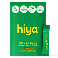 HIYA Kids Greens Powder Sticks in front of the tub for convenient daily greens.