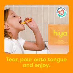 Hiya orange-flavor immune support close-up communicates kid-friendly taste.