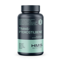 HMS Nutrition Potent Trans-Pterostilbene bottle showing potency and vegan formula.
