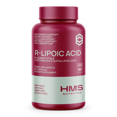 HMS Nutrition Stabilized R-Lipoic Acid 300mg bottle on desk suggests convenient antioxidant support.
