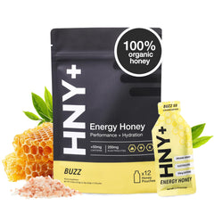HNY+ Buzz energy gel packaging ready for on-the-go fueling.