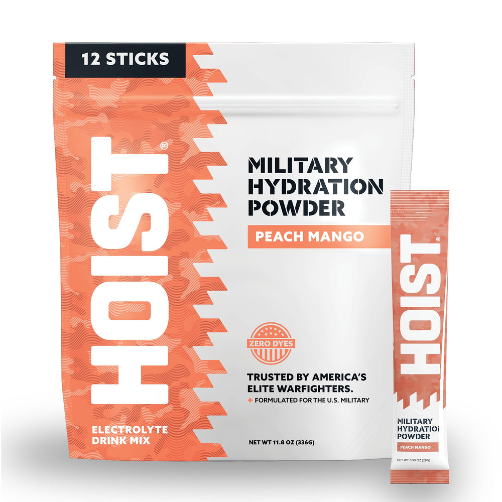 HOIST Peach Mango stick pack for quick on-the-go hydration.