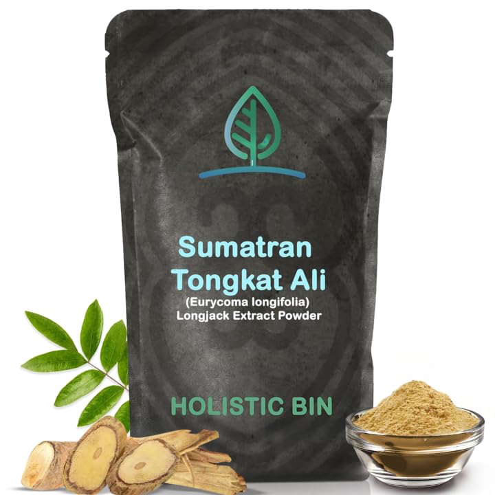 Holistic Bin Tongkat Ali powder from 15-year roots in resealable pouch for daily energy.