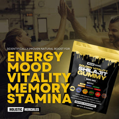 Holistic Hercules Tongkat Ali Ginseng Mucuna Gummies label art hinting energy support.